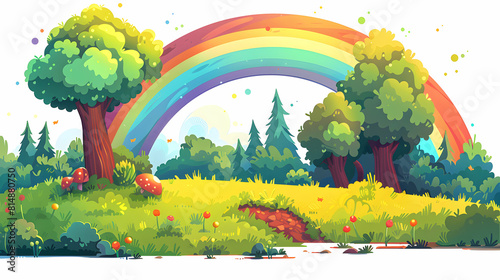 Morning Rainbow Over Meadows: Early Dew Sunlight Isometric Scene Symbolizing Hope Freshness Flat Design Icon