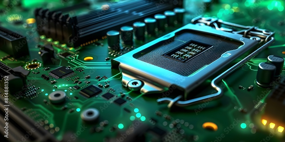 Detailed image of highperformance GPU chip circuitry on green motherboard. Concept Technology, Electronics, Circuitry, Components, Motherboard Detailed image of highperformance GPU chip circuitry on green motherboard. Concept Technology, Electronics, Circuitry, Components, Motherboard