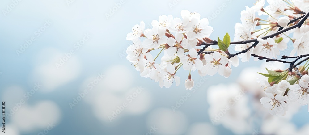 In spring a delicate white cherry blossom gracefully hanging from a branch creating a charming scene with a copy space image In spring a delicate white cherry blossom gracefully hanging from a branch creating a charming scene with a copy space image