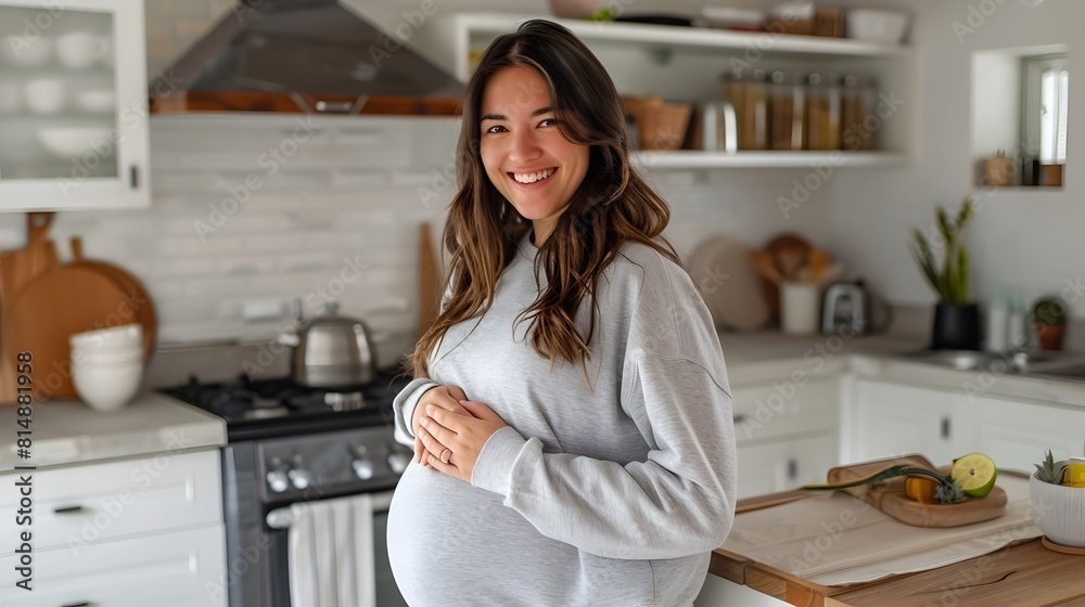 Pregnant Hispanic Woman Smiles Happily in Bright Kitchen Pregnant Hispanic Woman Smiles Happily in Bright Kitchen