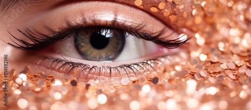 Closeup image of a festive sequins background with a texture of sparkling rose gold glitter creating a captivating and eye catching effect Copy space image