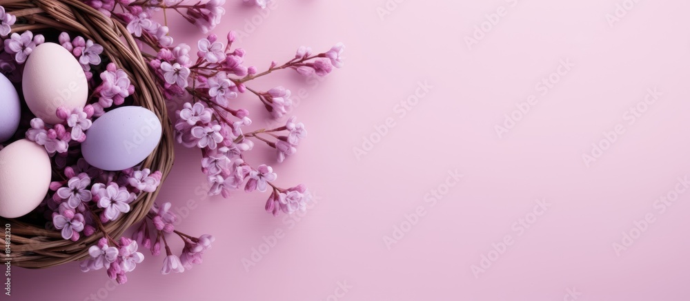 A pink background with a flat lay composition featuring lilac branches and easter eggs in a basket Copy space image A pink background with a flat lay composition featuring lilac branches and easter eggs in a basket Copy space image