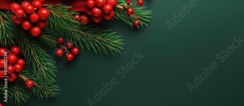 A festive card concept featuring a closeup top view image of a Christmas decoration background The red paper backdrop is adorned with fresh branches from a spruce Christmas tree creating a vibrant an