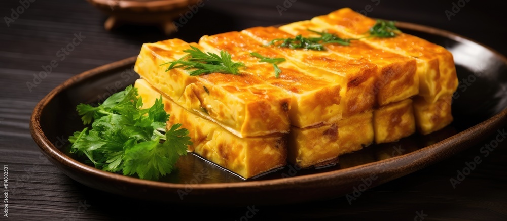 Tamagoyaki is a Japanese dish consisting of a thin rolled omelette that is fried until it has a golden brown color It is commonly served as a side dish or in bento boxes. Copyspace image Tamagoyaki is a Japanese dish consisting of a thin rolled omelette that is fried until it has a golden brown color It is commonly served as a side dish or in bento boxes. Copyspace image