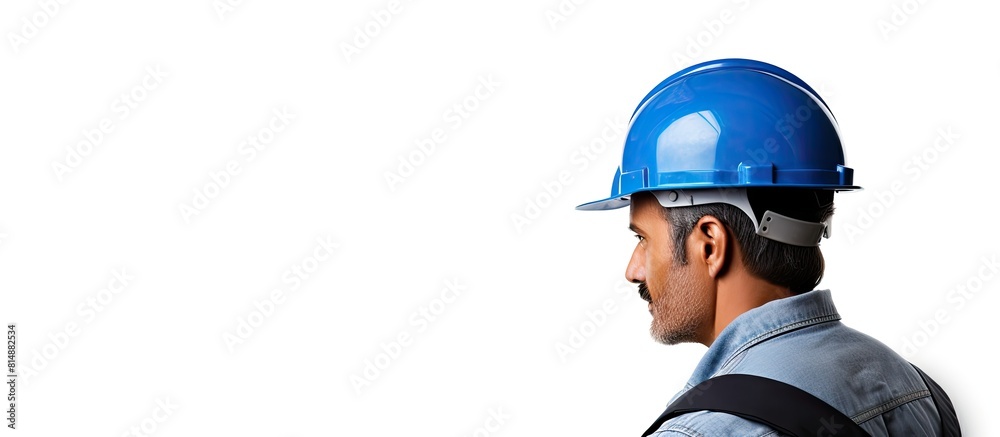 A contractor wearing a hardhat confidently holds up a blue cardboard making a gesture while standing isolated on a white background with copy space for text A contractor wearing a hardhat confidently holds up a blue cardboard making a gesture while standing isolated on a white background with copy space for text