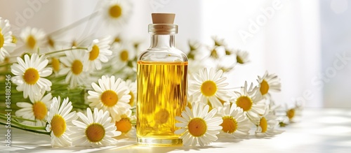 Copy space image of a bottle containing essential oil with chamomile flowers set against a light background
