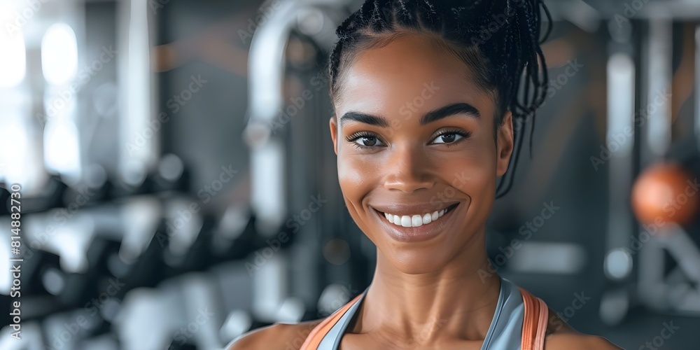 Confident Black female fitness trainer wearing sportswear smiles at the camera in a gym. Concept Fitness training, Women empowerment, Gym session, Confidence boost, Workout motivation Confident Black female fitness trainer wearing sportswear smiles at the camera in a gym. Concept Fitness training, Women empowerment, Gym session, Confidence boost, Workout motivation
