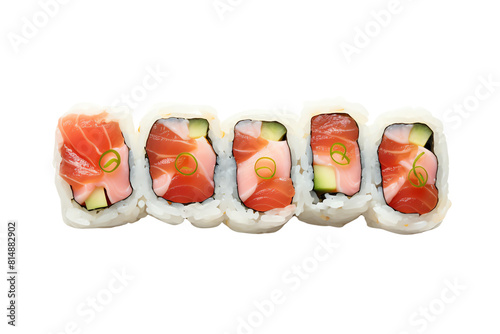 This picture shows a sushi roll with salmon, avocado, cucumber and tobiko. It is served on a white plate. The roll is topped with a green onion.