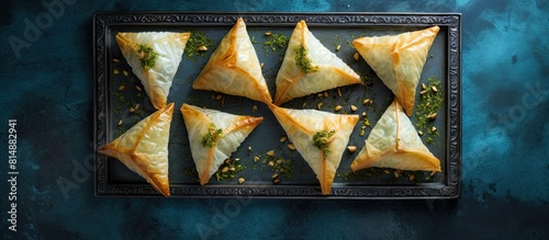 A delicious assortment of traditional Arabic spinach triangle hand pies called Fatayer Sabanekh is showcased on a serene blue stone background representing the concept of Iftar food during Ramadan Th photo