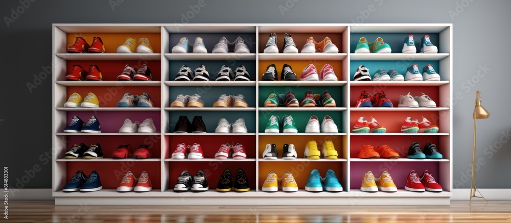 Indoors there is a white shelving unit displaying a vibrant collection of colorful sneakers with ample copy space image Indoors there is a white shelving unit displaying a vibrant collection of colorful sneakers with ample copy space image