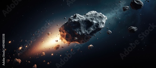 A fast falling asteroid in deep space alongside distant stars creates the opportunity for a meteor collision The presence of empty copy space allows for the addition of the editor s text photo
