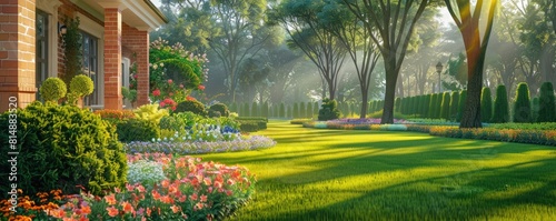 Beautiful lawn with colorful flowers and trees in front of the house. Luxury landscape design,