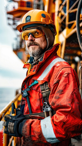 Offshore Oil Rig OperatorOil worker in safety gear with hand tool working on oil rig equipment