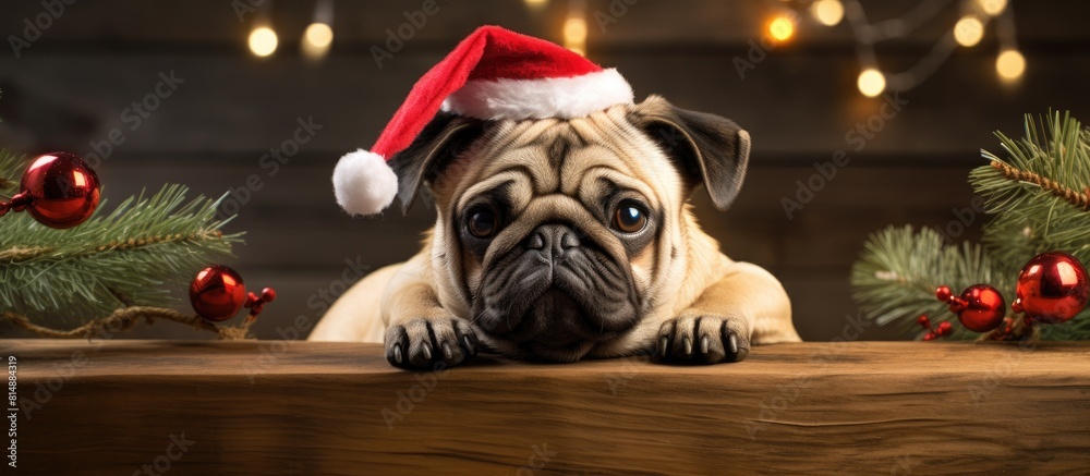 A festive pug dog adorned with deer antlers eagerly awaits the holiday in a cozy home Merry Christmas and Happy New Year Greeting card with room for a personal message. Copyspace image