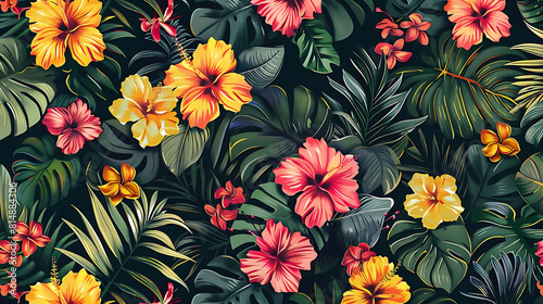 tropical flower pattern featuring red  yellow  orange  and pink flowers arranged in a repeating pattern