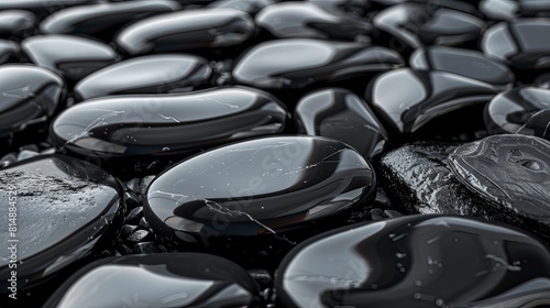 Black polished pebbles wet texture background.