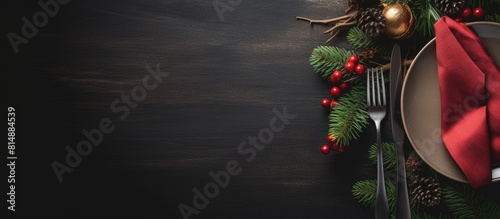 A flat lay of a holiday table setting with a Christmas card or menu template featuring copy space