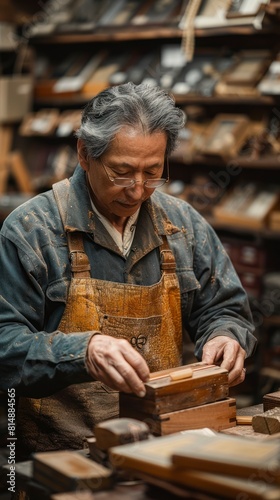 female Japanese woodworker handcrafting a delicate jewelry box from cherry wood