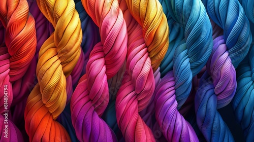 Colorful twisted ropes. Strands of different colors are intertwined with each other.