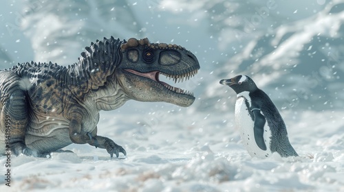 Dinosaur meeting a penguin in a snowy landscape with snowflakes falling around