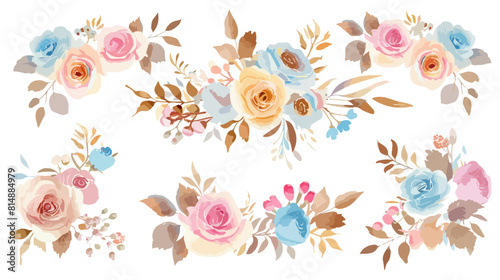 set of watercolor floral bouquet in pastel pink and blue colors