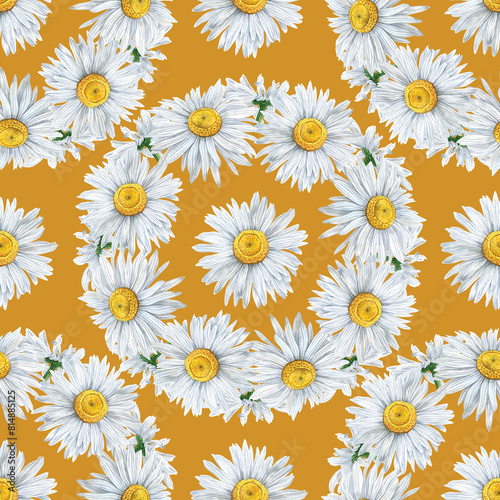 Seamless pattern of watercolor chamomile flowers wreath. Botanical hand painted floral elements. Hand drawn illustration. On ocher background. For fabric  wrapping paper  wallpaper decor