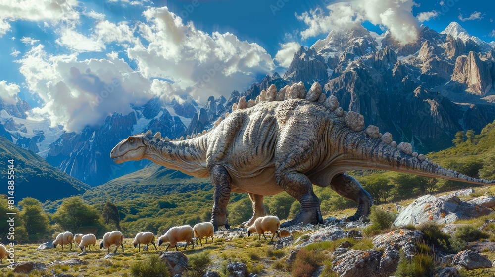 Fototapeta premium Massive dinosaur walking among sheep in a lush mountain valley under a cloudy blue sky