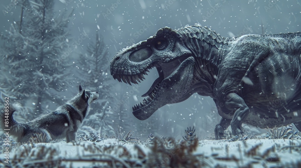 Obraz premium A dinosaur in confrontation with a husky in a snowy forest setting with falling snow