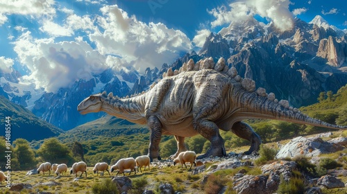 Massive dinosaur walking among sheep in a lush mountain valley under a cloudy blue sky