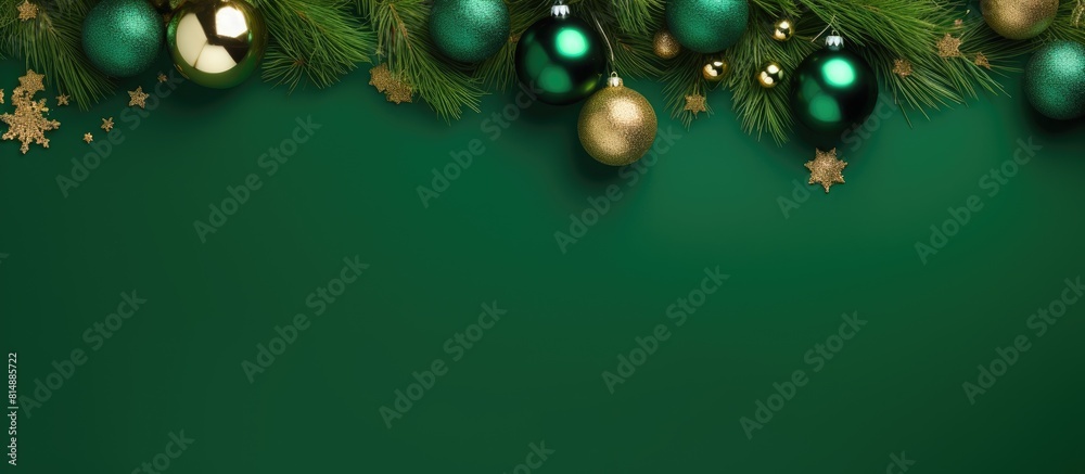 Flat lay of a fir branch adorned with shiny Christmas balls and confetti placed on a vivid green background providing ample space for text