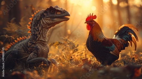 Dinosaur and rooster stand off in a golden forest during autumn sunset © Sippung
