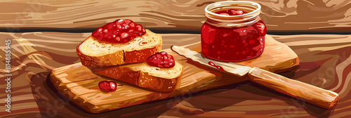vector  bread and jam on wooden table, accompanied by a white knife and a red jar