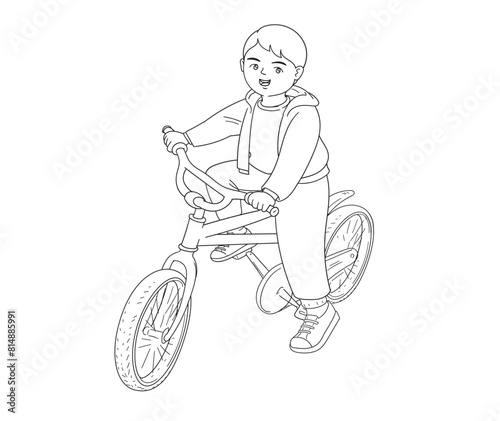 boy and his bicycle vector illustration outline stroke