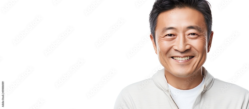Middle aged Asian man with a friendly smile dressed casually captured in a copy space image against a white background Middle aged Asian man with a friendly smile dressed casually captured in a copy space image against a white background