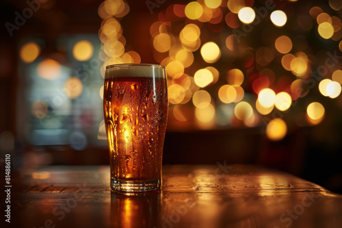 A refreshing pint of beer with condensation stands on a wooden bar table, illuminated by enchanting bokeh light background