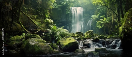 In the nature park a tranquil waterfall cascades over moss covered rocks surrounded by tropical plants and a misted stream The serene scene is devoid of any human presence creating a spacious image w