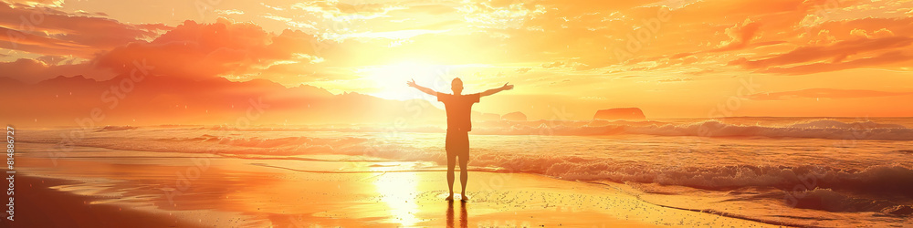 Sunrise Euphoria: A person on a beach at sunrise, eyes closed, arms raised, experiencing the joy and beauty of a new day. 