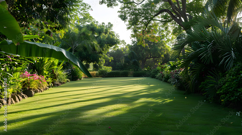 a beautifully maintained garden with a lush green lawn. The garden is surrounded by a variety of tropical plants and trees, creating a tranquil and verdant atmosphere.