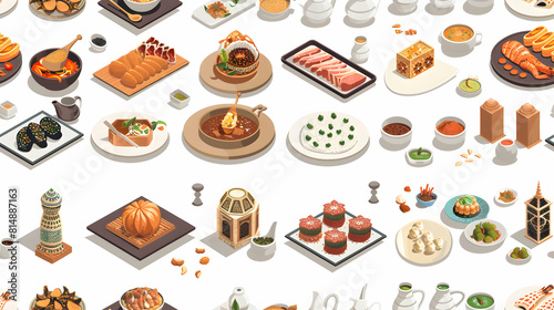Flat Design Eid Feast Tiles  Traditional Icons for Eid Al Adha Celebrations  Capturing Culinary Aspects in Isometric Illustrations