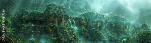 An ancient civilization's ruins lie forgotten in the depths of the jungle, overgrown by lush vegetation and teeming with wildlife.