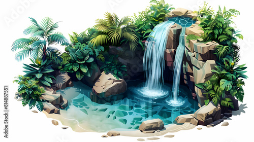Isometric Flat Design Illustration: Lush Green Tropical Paradise with Hidden Hot Spring Ideal for Secluded Soak