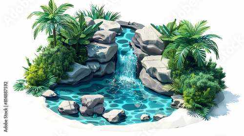 Hidden Tropical Paradise Hot Spring  Lush Greenery Surrounds Secluded Soak  Flat Design Icon   Isometric Illustration 