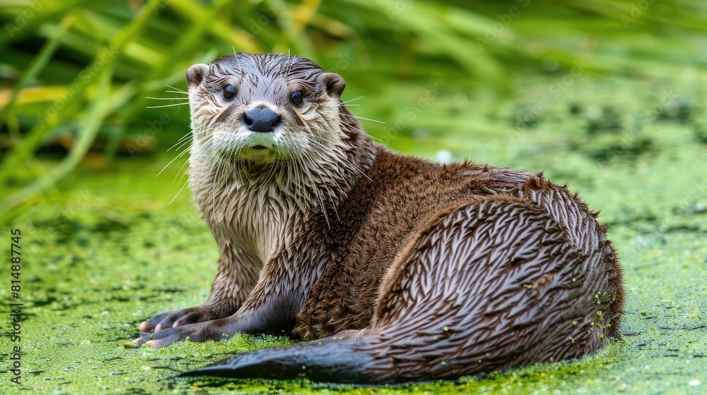 a European otter, sitting on the verdant bank of an English river, its fur glistening with moisture amidst lush green vegetation.