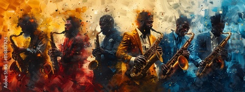 A painting of a group of musicians playing instruments