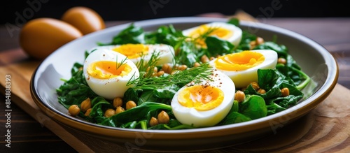 A small plate with boiled chickpea spinach and boiled egg with copy space image photo