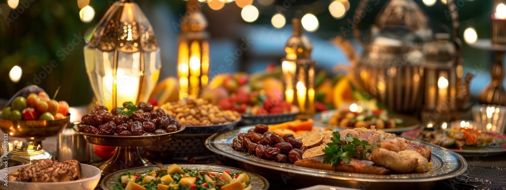 A table is set with a variety of food, including a large turkey, and lit candles A table is set with a variety of food, including a large turkey, and lit candles