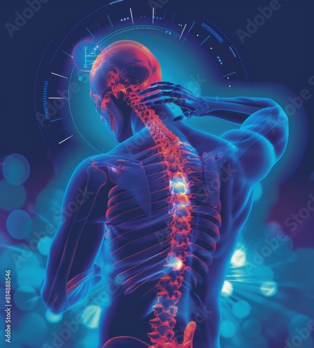 A human figure with an animated graphic of the spine and shoulder area, indicating neck pain or joint Arth bushes in blue background.