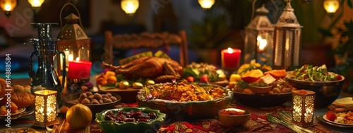A table is set with a variety of food, including a large turkey, and lit candles