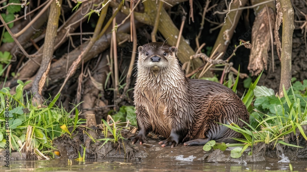 a European otter, sitting on the verdant bank of an English river, its fur glistening with moisture amidst lush green vegetation. a European otter, sitting on the verdant bank of an English river, its fur glistening with moisture amidst lush green vegetation.