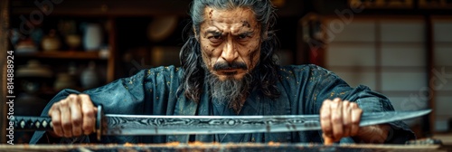 Japanese blacksmith forging a traditional Japanese tanto dagger photo